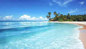 Tropical island beach with crystal clear waters and palm trees