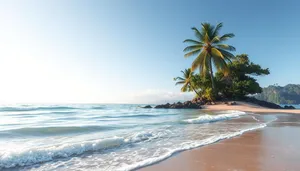 Tropical paradise beach with palm trees and crystal clear water.