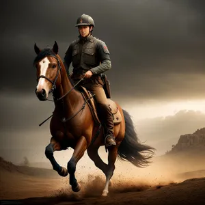 Equestrian rider on horseback with saddle and bridle.