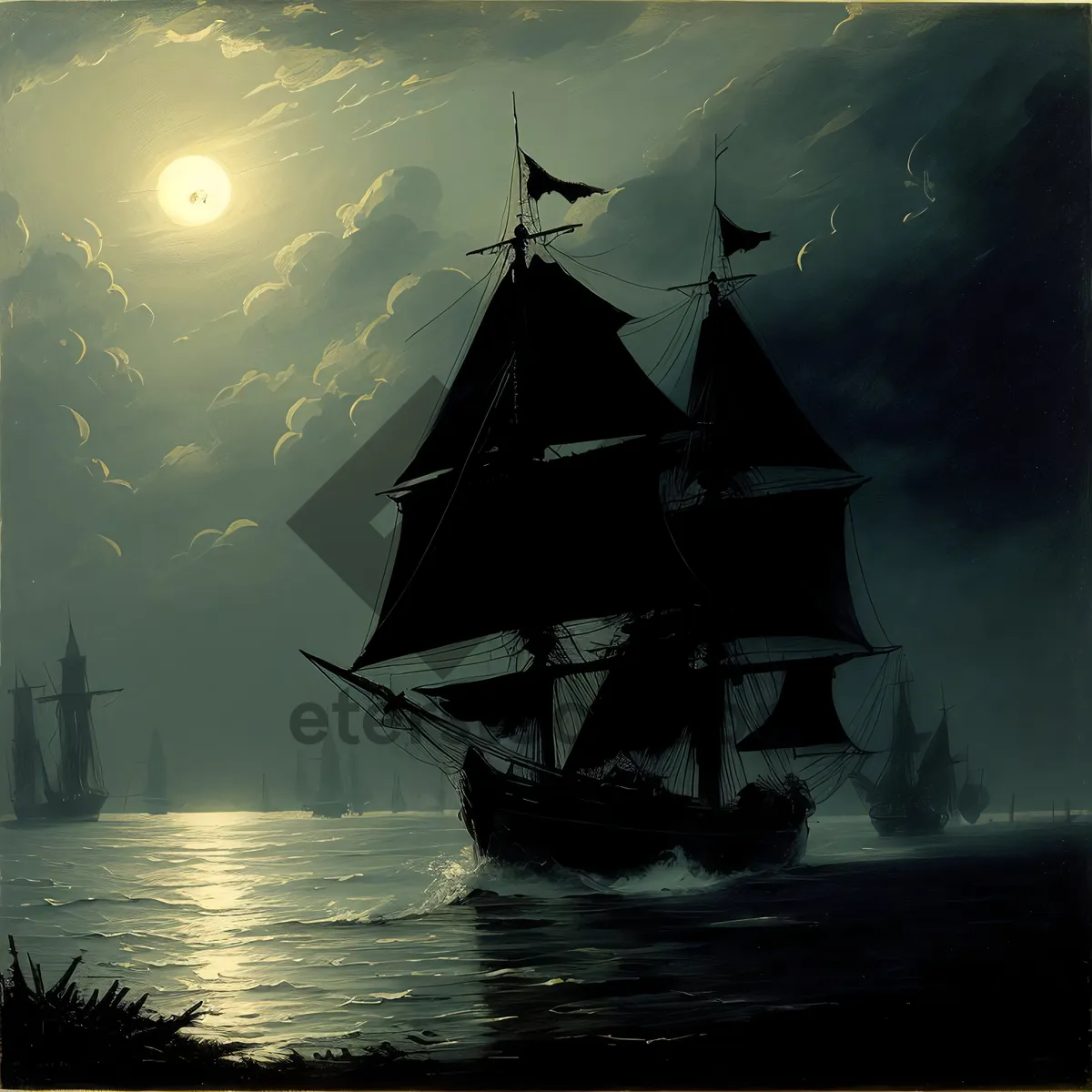 Picture of Vintage Pirate Ship Sailing Over Sparkling Waters