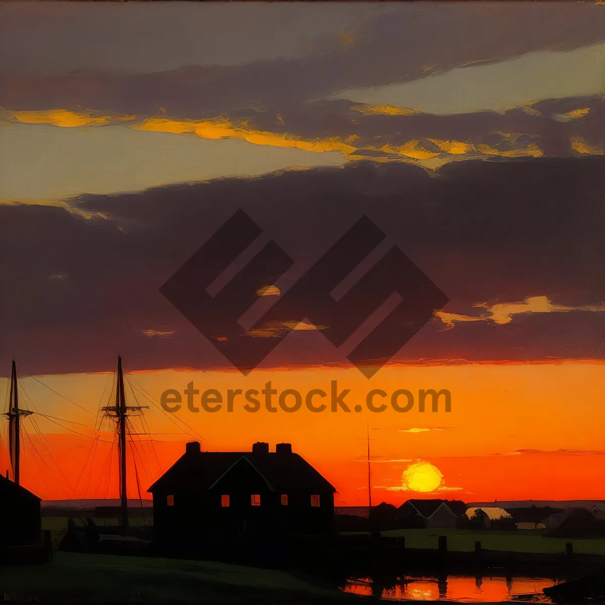 Picture of Vibrant Sunset Silhouette on Ocean Horizon