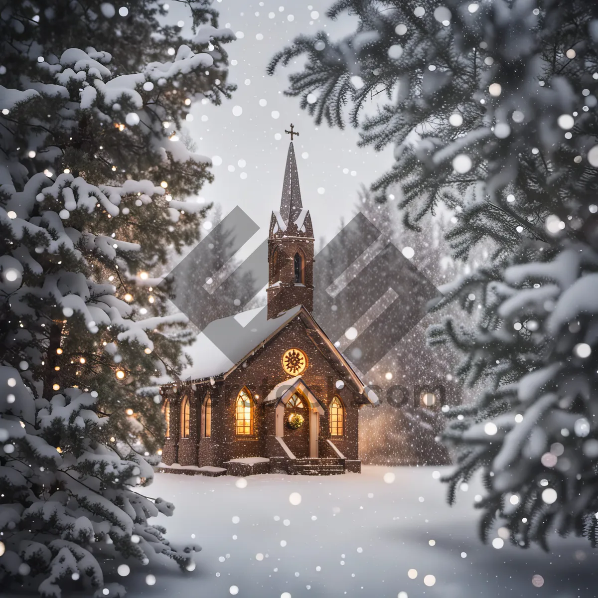 Picture of Old cathedral tower in snowy winter cityscape.