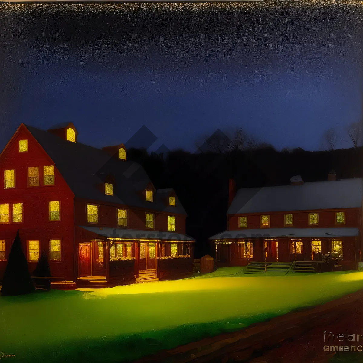 Picture of Cityscape under Night Sky with Building, House, and Tree