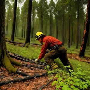 Forest Farmer Using Powerful Chainsaw in Woods