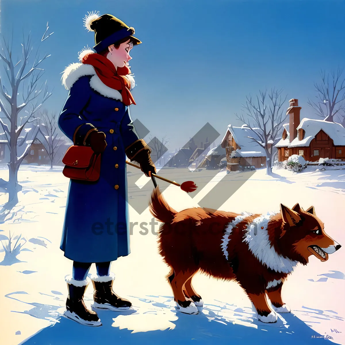 Picture of Corgi Dog Leashed in Winter Snow