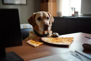 Cute beagle puppy with food bowl