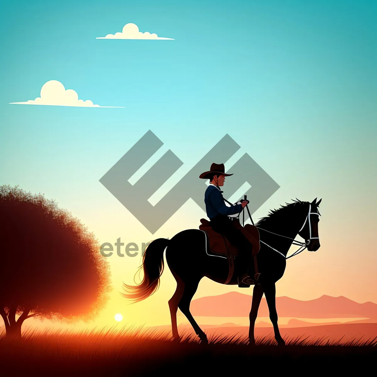 Picture of Serenity at Sunset: Cowboy on Horseback in Desert