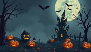 Spooky Halloween Night in Cemetery - Cartoon Illustration