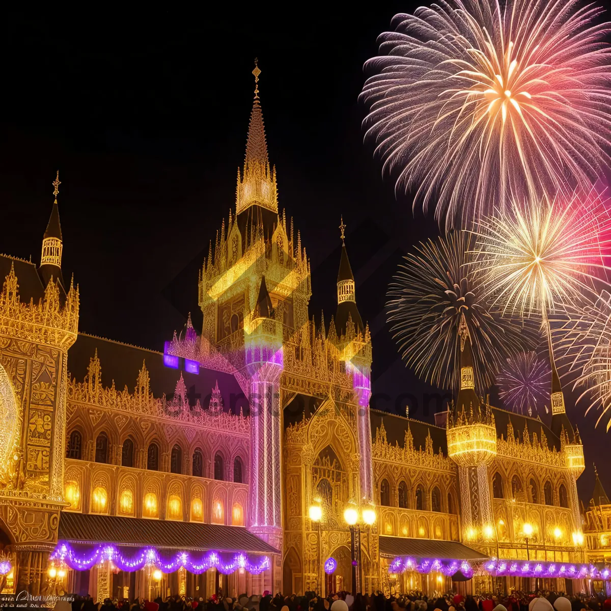 Picture of Nighttime Skyline with Iconic Cathedral and Fireworks