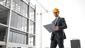 Happy smiling businessman at construction site in hardhat