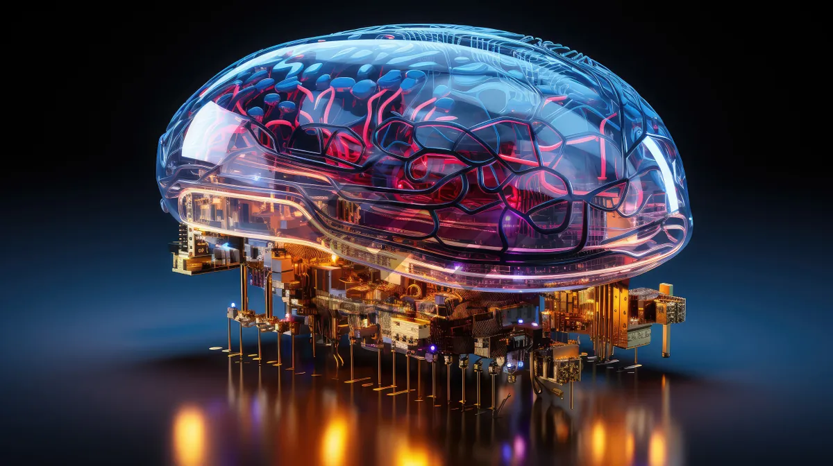 Picture of Sci-fi concept. The central computer processor in the form of an artificial brain microchip as the main element of the artificial intelligence system is installed on the motherboard of the supercomputer