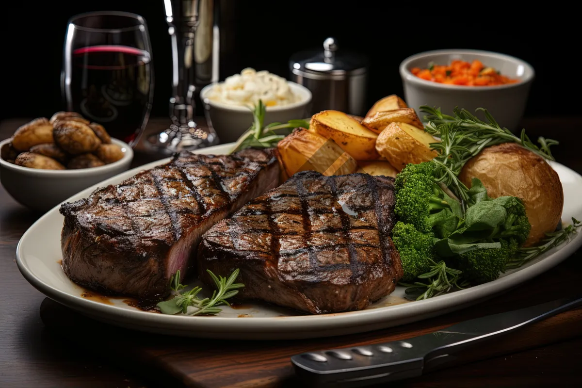 Picture of Savory steak dinner with fresh vegetables and sauce.