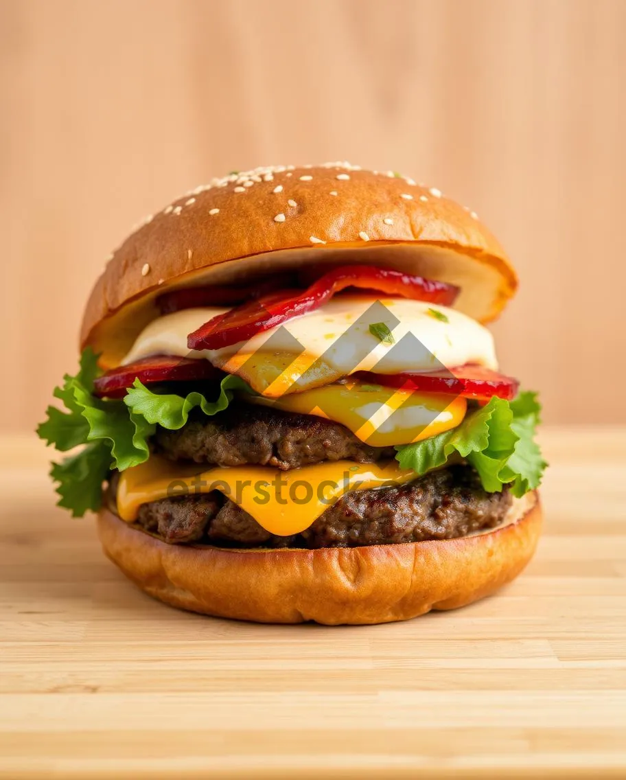 Picture of Gourmet Cheeseburger with Grilled Beef Patty and Fresh Vegetables