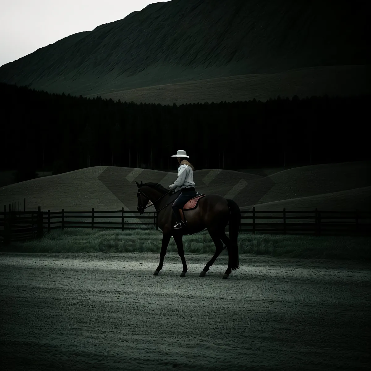 Picture of Silhouette of Cowboy Riding Stallion against Sunset Sky