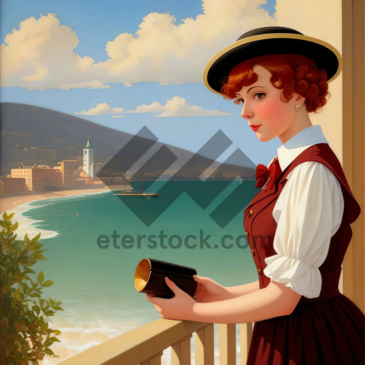 Picture of Tourist in straw hat enjoying tropical beach vacation.