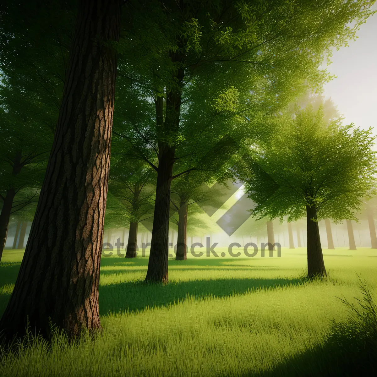 Picture of Serene Summer Landscape with Lush Trees and Vibrant Grass