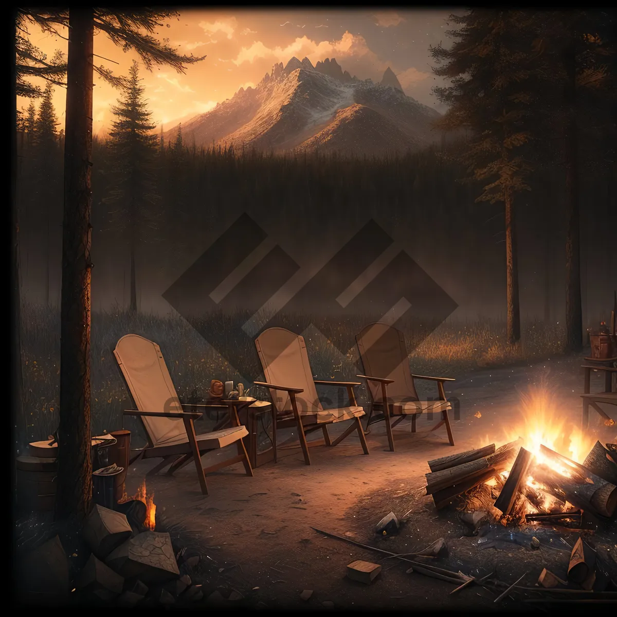 Picture of Nighttime Patio Fire with Cozy Chairs