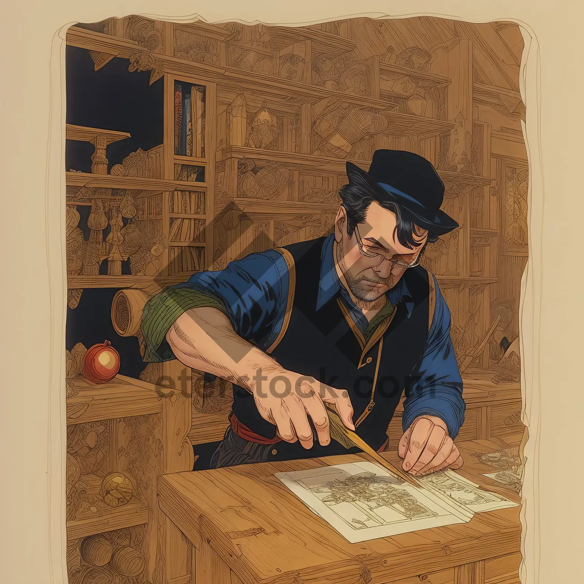 Picture of Male Carpenter at Work with Newspaper and Box