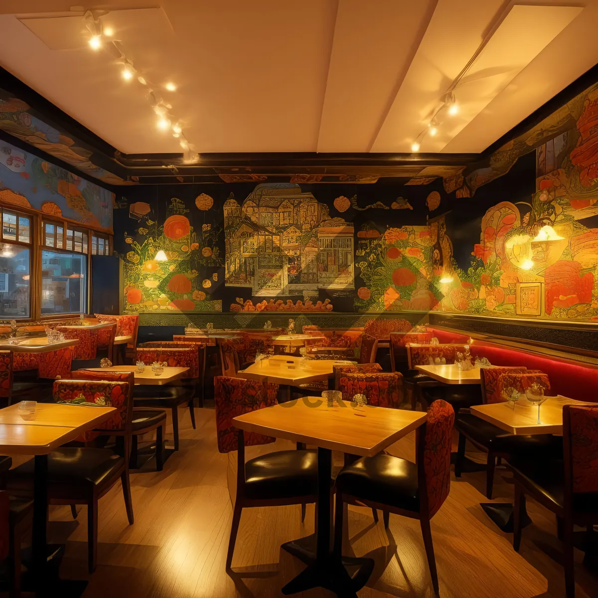 Picture of Modern luxury restaurant interior design with wooden furniture.