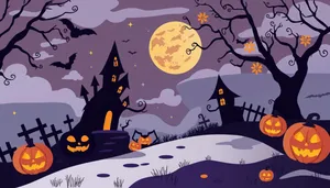 Spooky Halloween Scene with Moonlit Cemetery Silhouettes