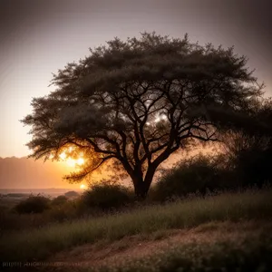 Sunset over Rural Oak Tree Landscape