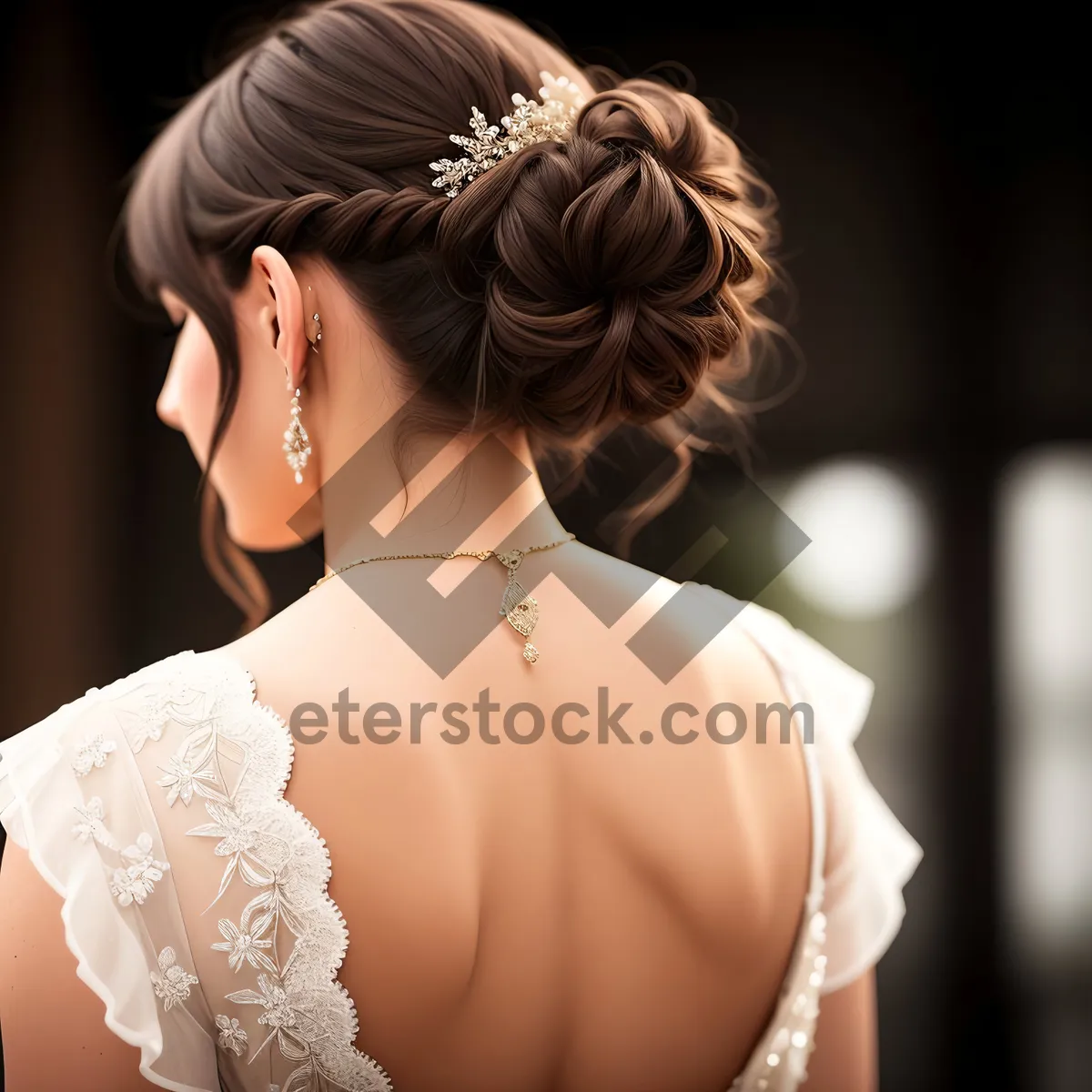 Picture of Stunning Brunette Bride in Elegant Wedding Dress