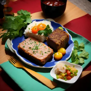 Fresh vegetable salad with grilled meat and tomato slices