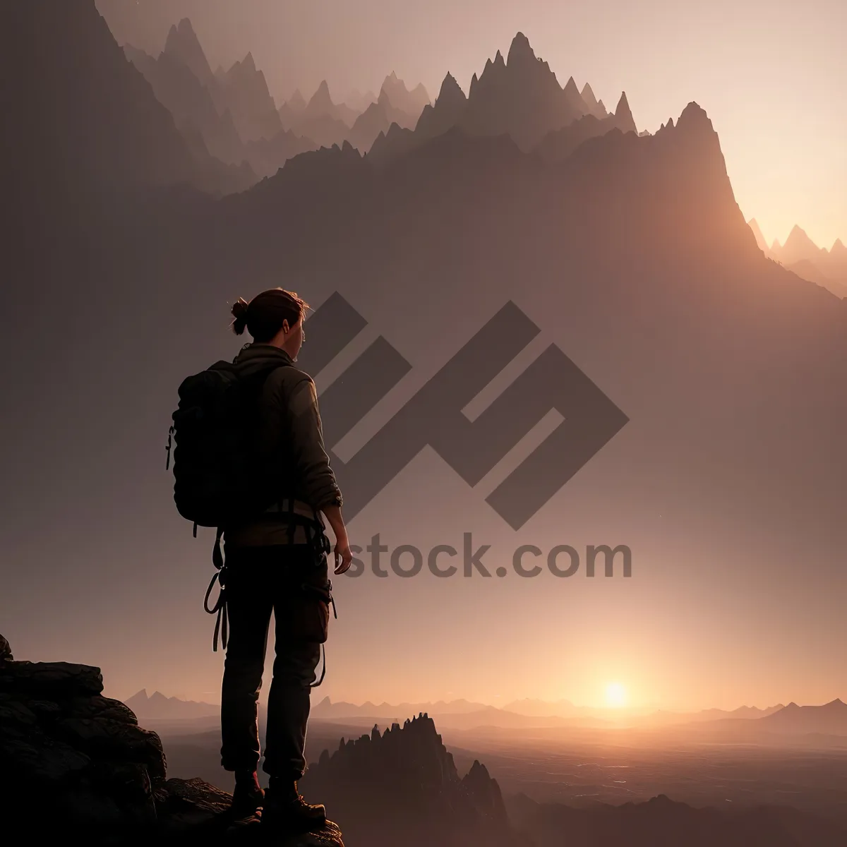 Picture of Silhouette of man hiking against stunning mountain sunset