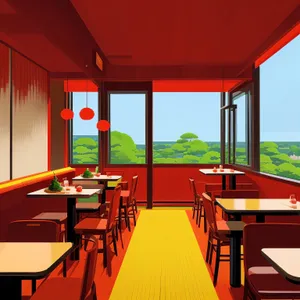 Modern restaurant interior design with luxury furniture and window view.