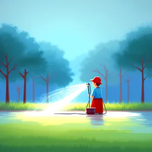 Idyllic Sunset Landscape with Fountain and Country Road