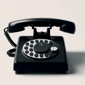 Vintage black rotary dial telephone with handset and cable.