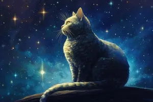 Starlit Cat Observing Galaxy from Space