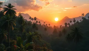 Silhouette Sunset over Tropical Palm Trees on Beach