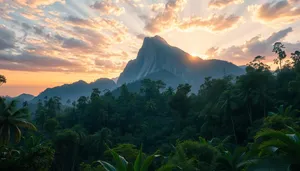Sunset over mountain landscape in summer park