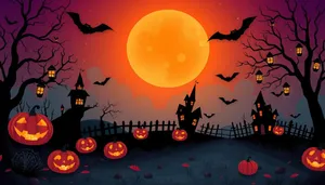 Spooky silhouette against orange moon in cemetery