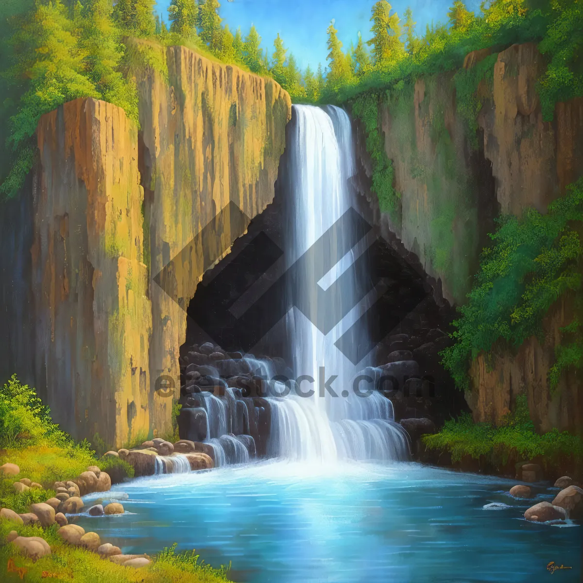 Picture of Majestic Waterfall Cascading Through Serene Forest