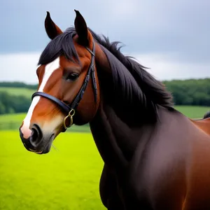 Majestic Brown Stallion in Pastoral Equestrian Meadow