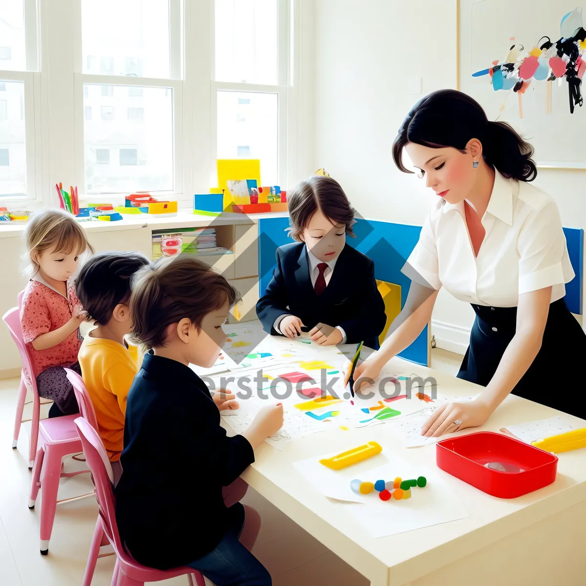 Picture of Smiling Classroom Education - Happy Teacher with Students