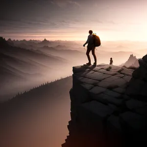 Sunset Summit: Silhouetted Adventurer Conquer Mountain Peak