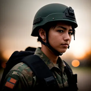 Smiling Builder in Military Uniform with Aviator Helmet