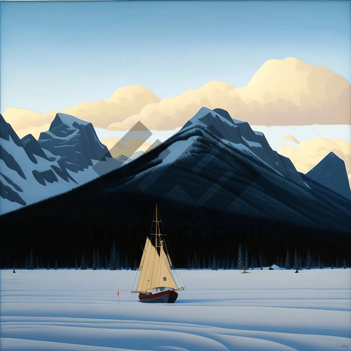 Picture of Snow-covered mountains and iceboat sailing on frozen lake