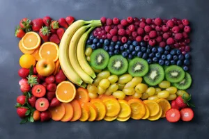 Fresh fruits and vegetables market display organic produce.