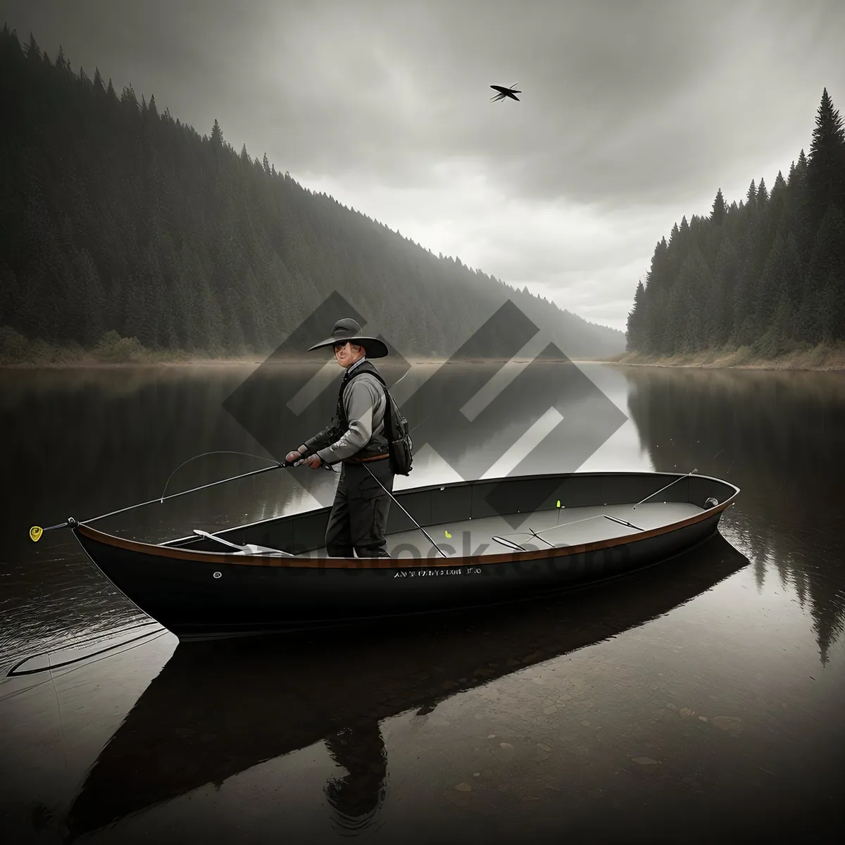 Picture of Serene Waters: Speedboat gliding through picturesque mountain lake.