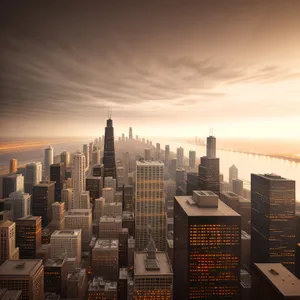 Urban Skyline at Sunset: Cityscape with Modern Skyscrapers