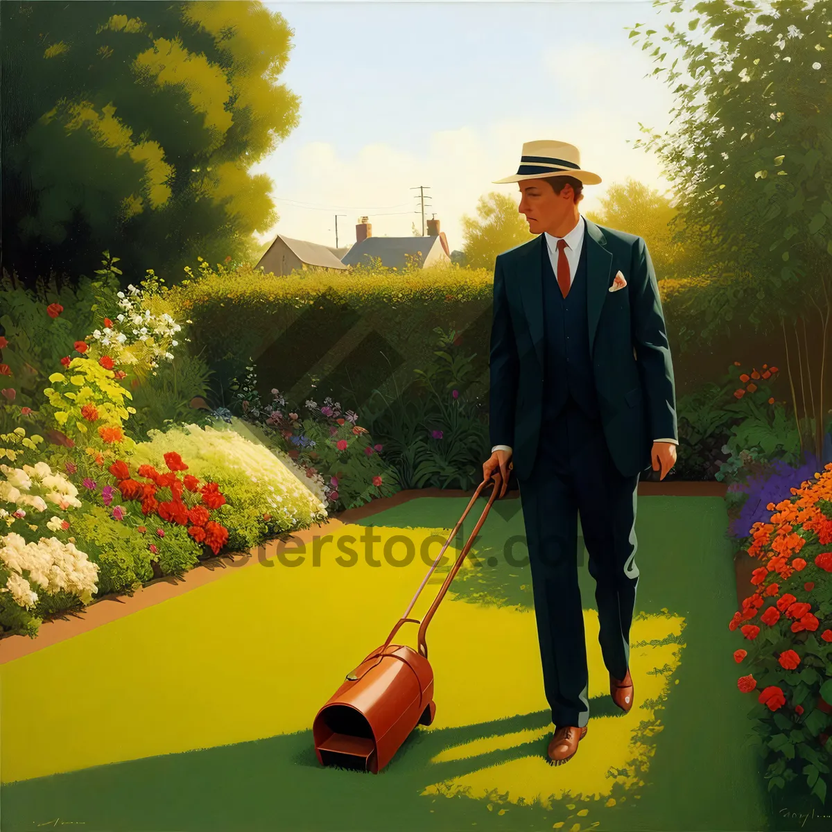 Picture of Happy golfer playing on green golf course under clear blue sky.