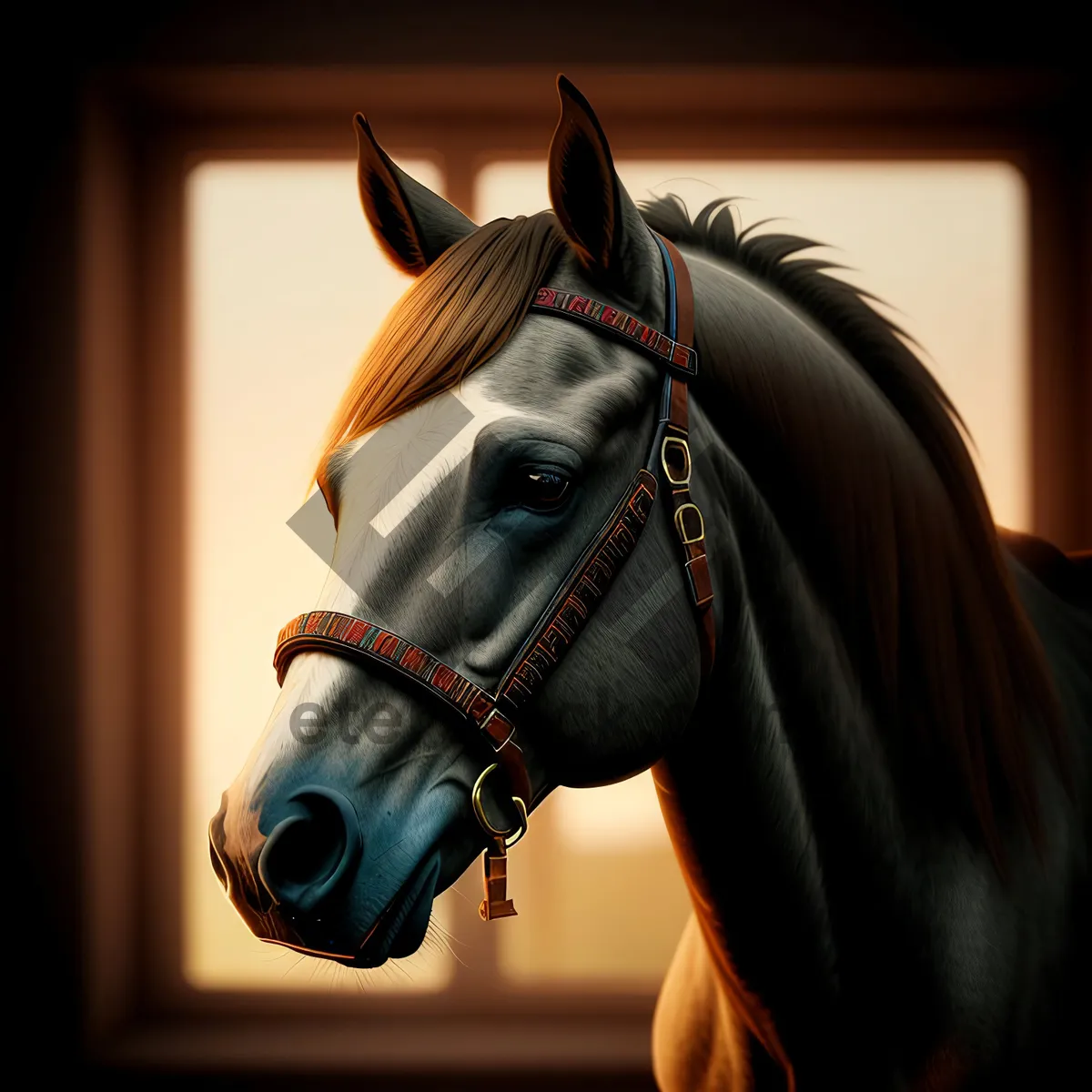 Picture of Thoroughbred Stallion in Bridle and Muzzle