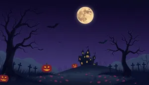 Night sky over spooky cemetery and pumpkin display