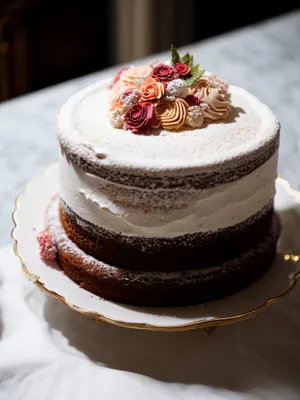 Gourmet chocolate mint cake with fresh fruits.