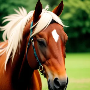 Beautiful Brown Stallion Grazing in Green Meadow