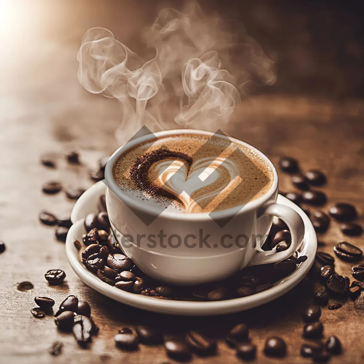 Picture of Gourmet coffee cup on dark table with spoon.